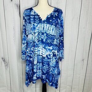 Tango Mango Blue Patterned 3/4 Sleeve V-Neck Tunic Blouse Women's Sz L India